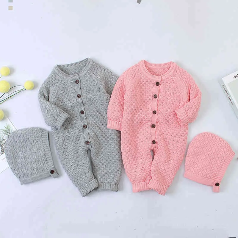 Infant Baby Boys Girls Pure Color Rompers Clothes + Hat 2PCS Children Boy Girl Kids Knitting Long Sleeve 210429
