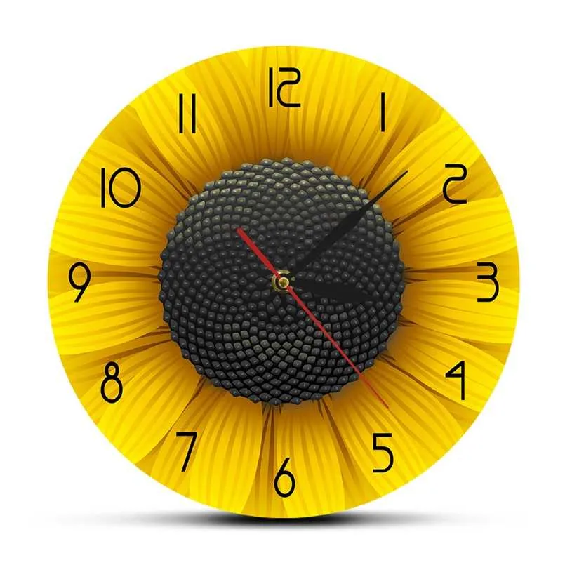 Beaufitul Fresh Sunflower Modern Wall Clock Botanical Yellow Flower Wall Art Natural Home Decor Helianthus Hanging Tijdrezen 211110