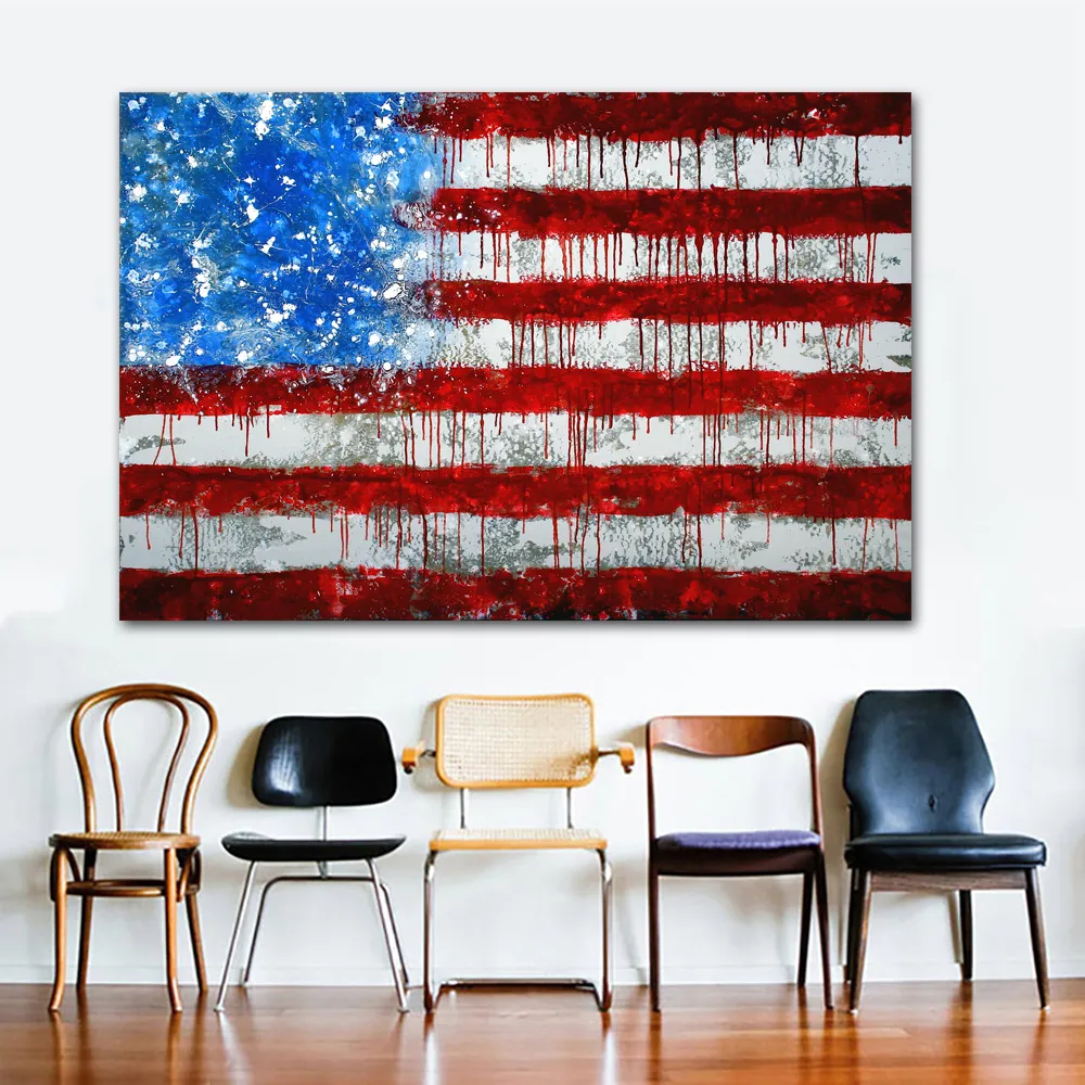 Akvarell Abstrakt Tunn Blå Röd Linje USA Flagga Tryck Kanfasmålning Poster Heminredning Väggkonst för vardagsrum