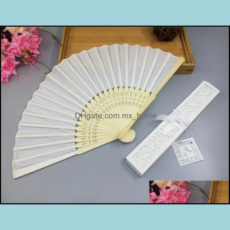 Free shipping 50pcs lot wedding favors bridal shower souvenir personalized silk hand fans with laser cut boxes