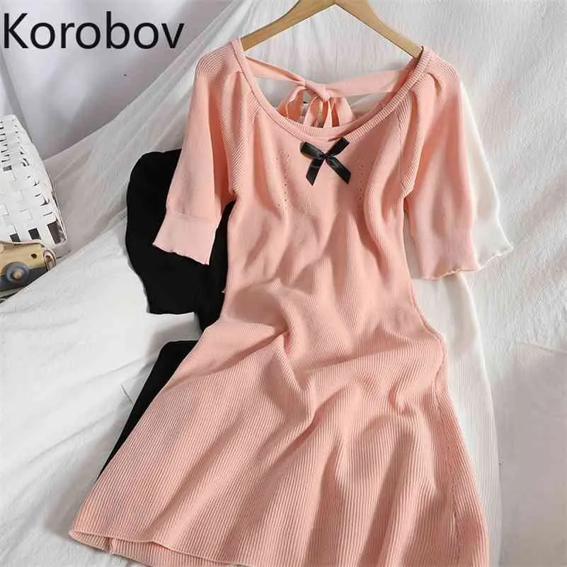 Korobov Novo Chic Hit Color Bow Dress Mulheres V Neck Manga Curta Vestidos De Malha Coreano Moda Verão Vestido 210430