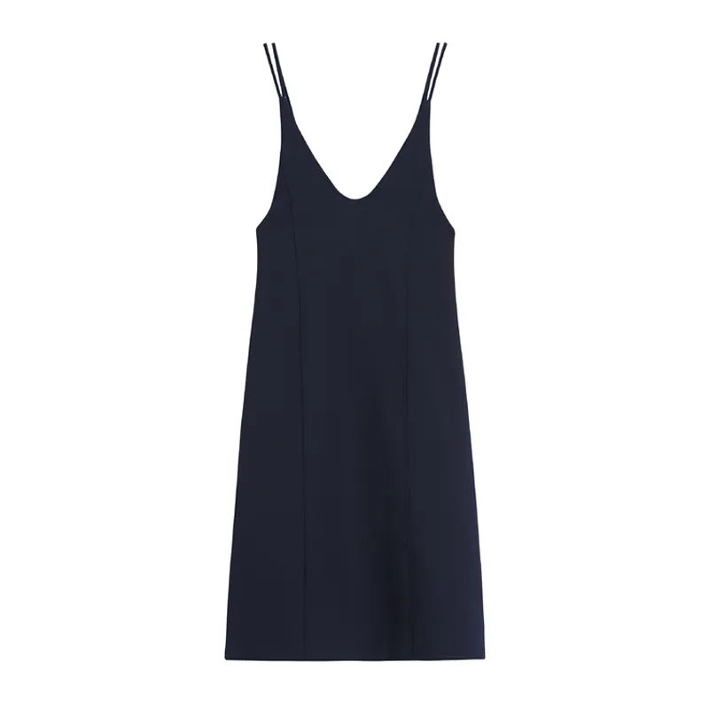 V neck Spaghetti Strap Sleeveless Navy Blue Women Midi DressMid-calf Solid Zipper D2218 210514