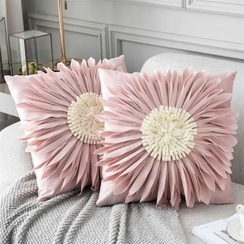 Современный стиль розовый белый бросок подушки 45 * 45см бархат шить 3D хризантема цветы подушка талия подушка синий чехол 211203