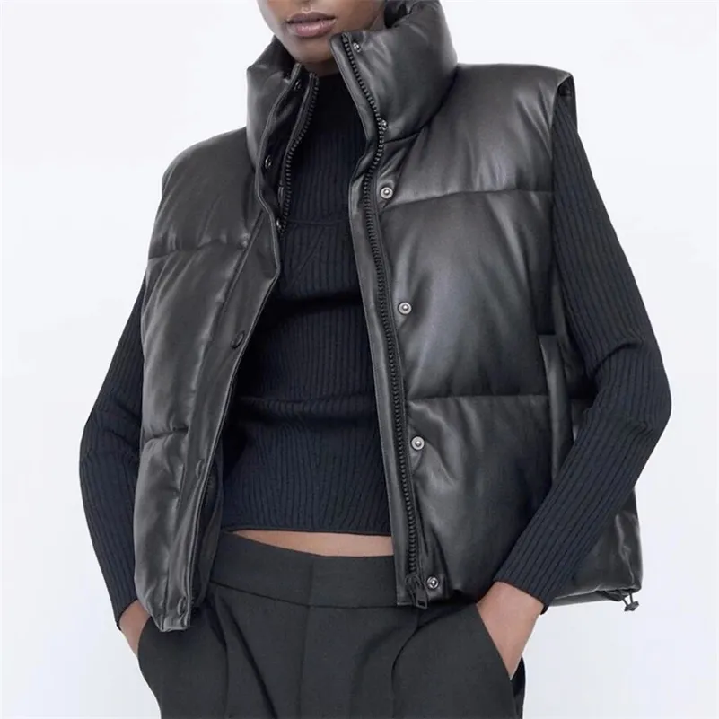 ZAの女性の黒い暖かいフェイクレザーベストコートカジュアルジッパーノースリーブジャケット女性の短い綿のoutwear 210923