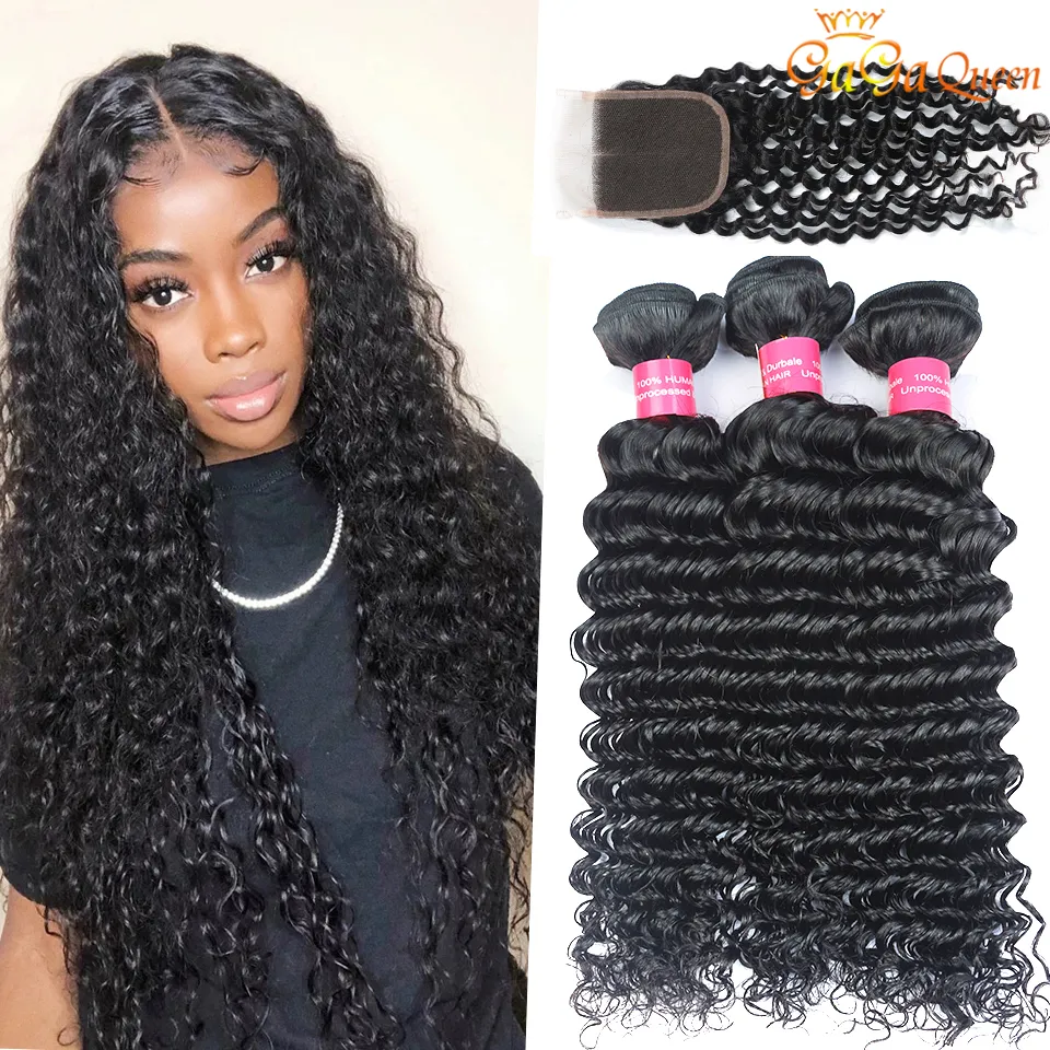 Malaysian Deep Wave Hair Bundles With 4x4 Lace Closure Unprocessed Deep Wave Human Hair Weave Bundles