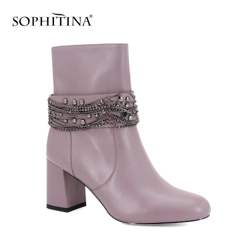 SOPHITINA Black Genuine Leather Ankle Boot Metal Chain Square Heels Handmade Shoes Warm Office Lady Solid Retro Woman Boots B79 210513