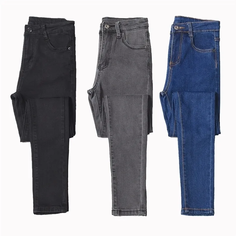 Jeans för kvinnor hög midja plus storlek 26-40 Skinny Gray Black Blue Mom Elastic Comfort Denim Pencil Pants 210809