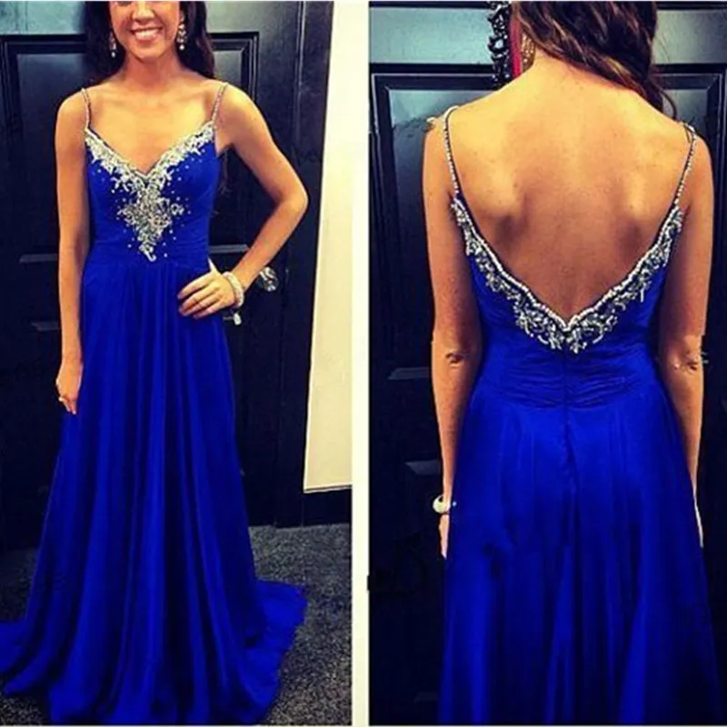 2021 Royal Blue V neck Prom Dresses with Spaghetti Straps crytal beading Chiffon Long Evening Formal Dress Pleated Custom