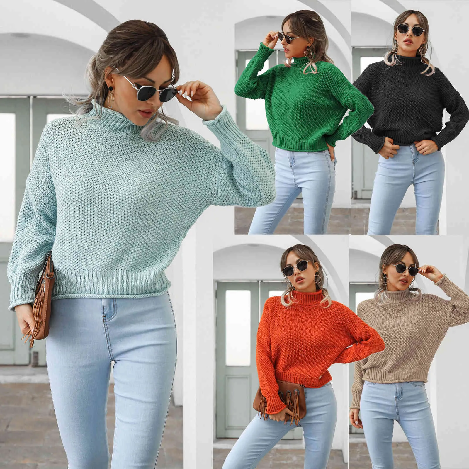 Street Solid Patchwork Slit Turtleneck Long Sleeve Two Pieces