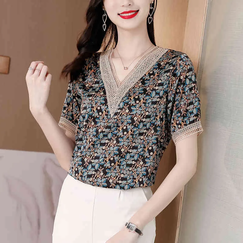 Koreanska kvinnors skjorta silke blouses för kvinnor vintage s kvinnlig topp v-hals design och färg blus kvinna 210427
