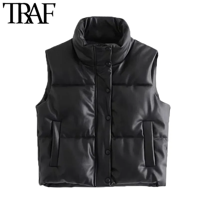 Women Fashion With Drawstrings Faux Leather Padded Waistcoat Vintage High Neck Side Pockets Female Outerwear Mujer 210507