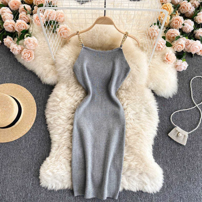 Summer Knit midi slip dress for Women - Sexy Spaghetti Strap, Backless, Tight Fit, Solid Color, Perfect for Bodycon Parties - Style 210603 Summer Knit midi slip dress for Women - Sexy Spaghetti Strap, Backless, Tight Fit, Solid Color, Perfect for Bodycon Parties - Style 210603