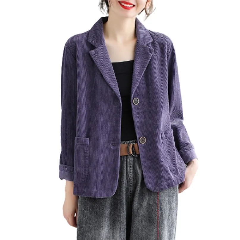 Vintage mulheres corduroy jaqueta primavera outono casaco senhoras casuais outwears feminino manga comprida solteiro único blazers 211019