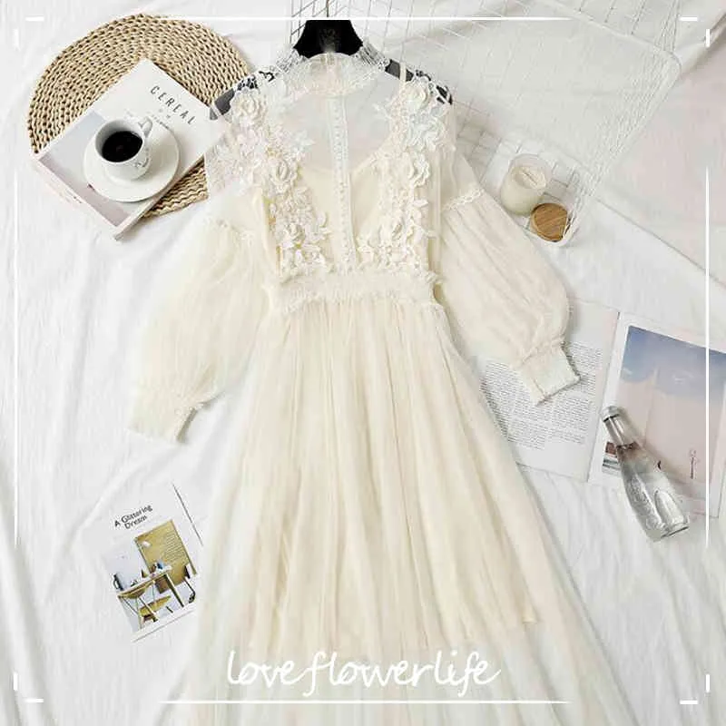 Korean Vintage Summer georgette dress with Stand Collar, Lantern Sleeves, Waisted Gauze, Mid-Length Textural Ral Lace, and Hollow Out Fairy Design (