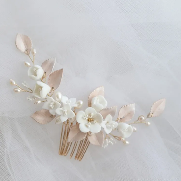 Белый керамический цветок свадьба маленький гребень листовой кусок ручной работы свадебные расчески мода женщины волос ювелирные изделия орнамент