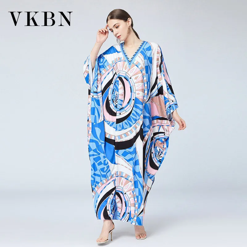 VKBN Abito estivo Donna Up Silk Office Lady Manica lunga Stampa di moda Abiti lunghi blu larghi per le donne Party Fashion 210507