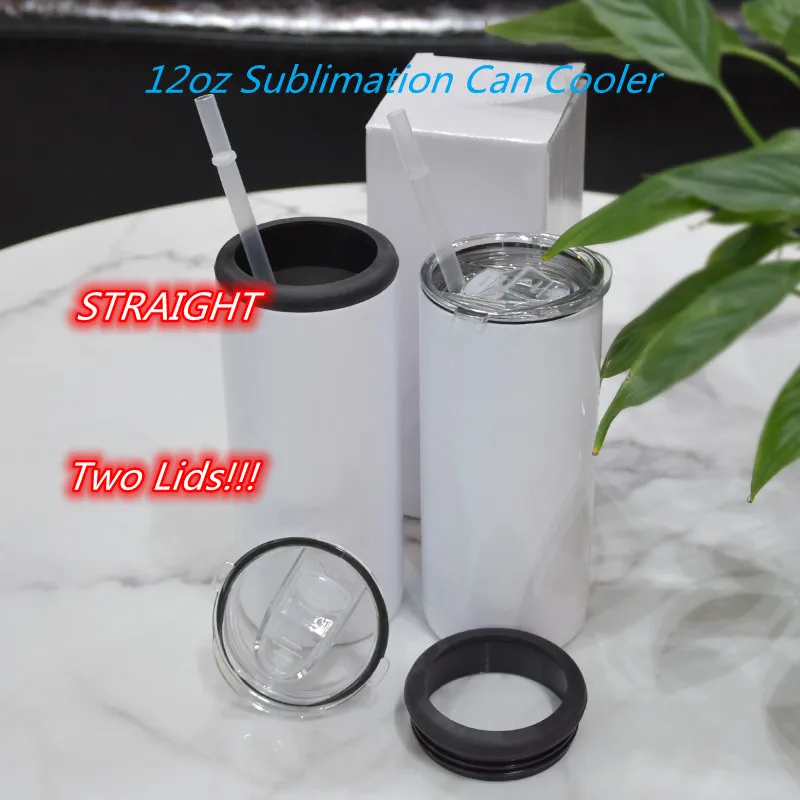 Wholesale 12oz Sublimation Can Cooler With 2Lids 350ml Straight White Blank Tumblers Stainless Steel Water Bottles Double Insulated Drinking Cup A11