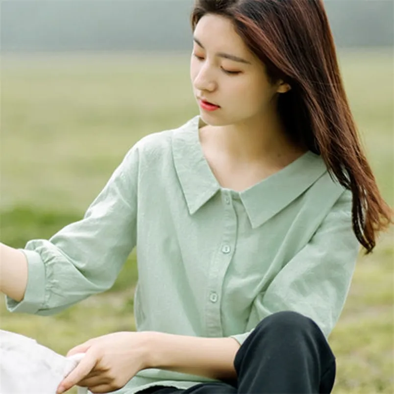 春の夏の韓国のファッションプレッピースタイルの女性3/4スリーブ緩い白いシャツ綿のピーターパンカラーカジュアルブラウスS710 210512