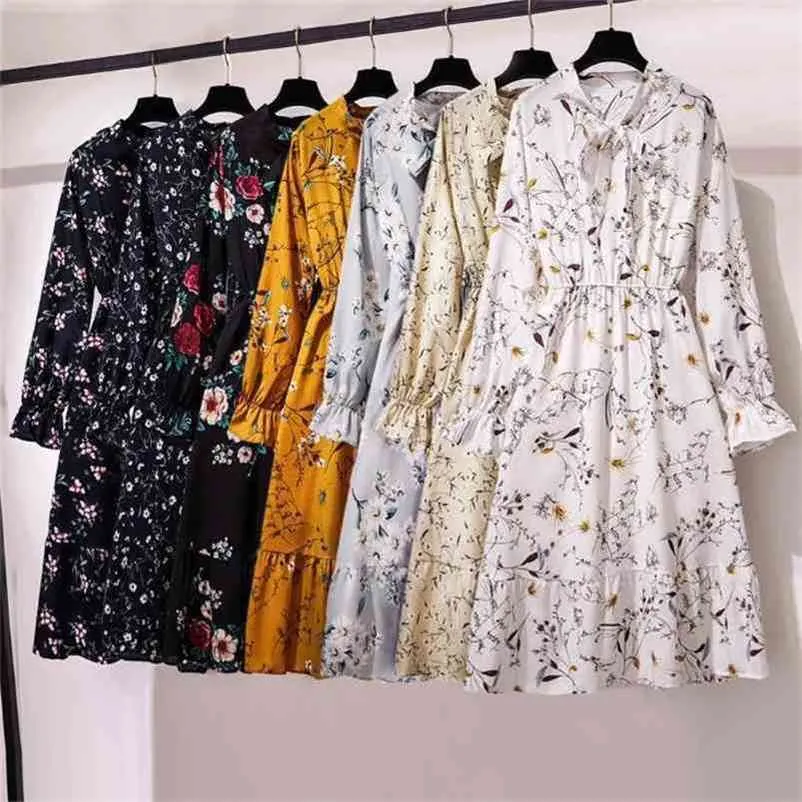 Women Casual Summer Dress Lady Korean Style Vintage Floral Printed Chiffon Shirt Dress Long Sleeve Bow Midi Summer Dress Vestido 210806