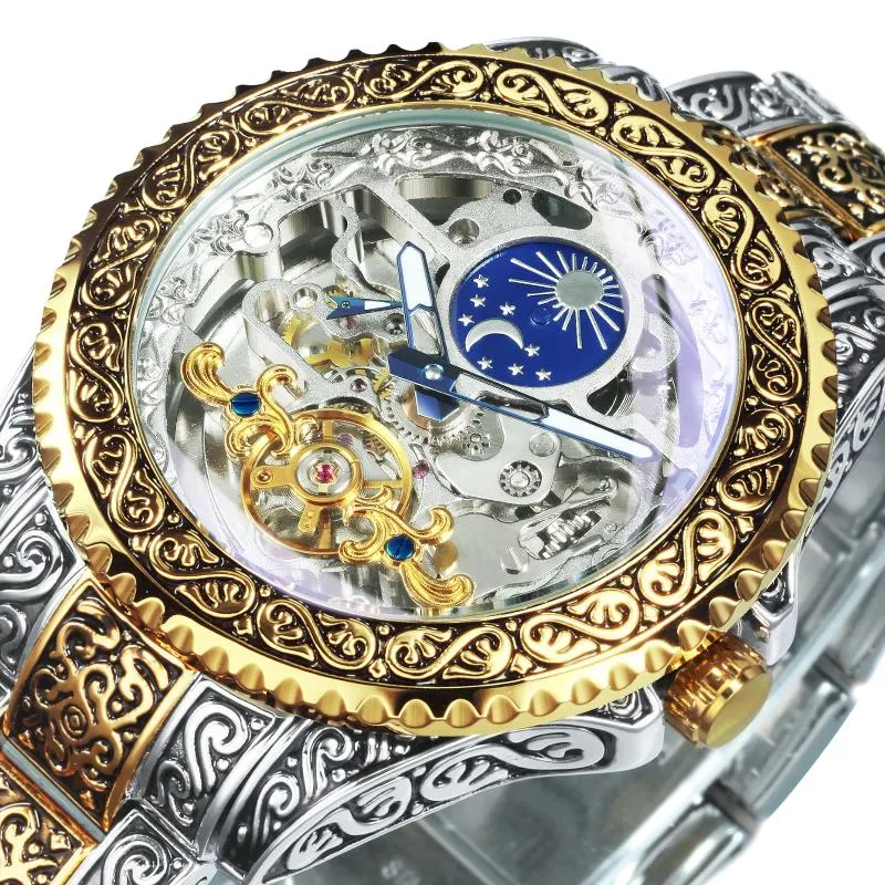 Armbanduhren Forsining Automatische Tourbillon-Uhr für Herren, mechanische Skelett-Herrenuhren, Top-gravierte Vintage-Mondphasen-Stahlarmbanduhren