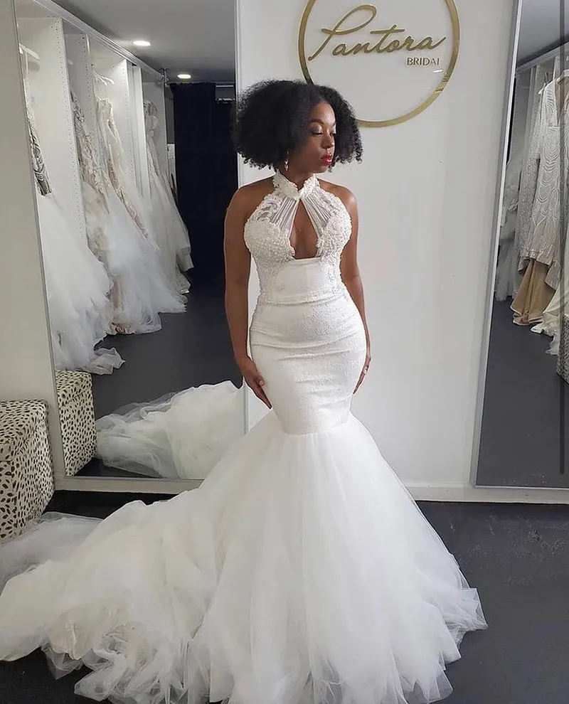 Halter Neck Vestido De Novia Mermaid Wedding Dress Lace Applique Tulle Ruffles Bridal Gowns Custom Made 2021