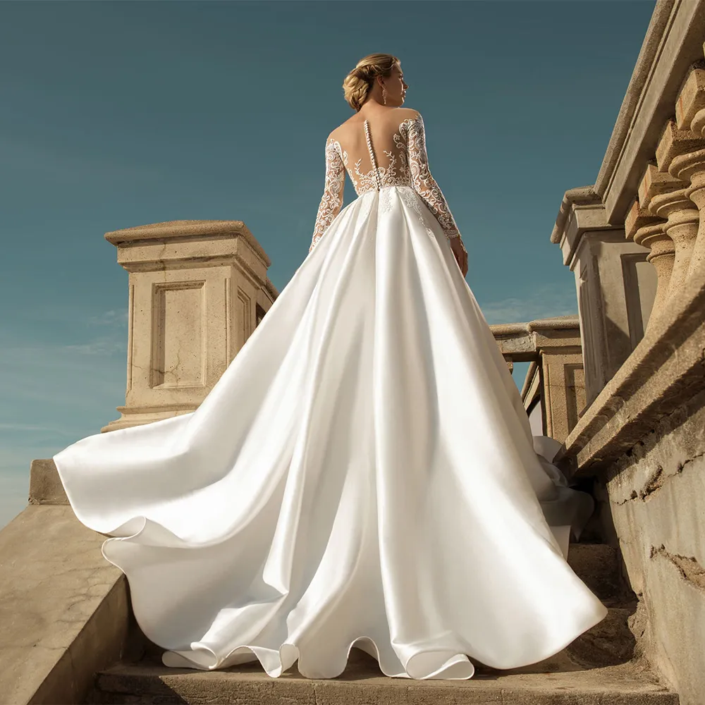 Satin A-Line Wedding Dress with Sheer Scoop Neck, Long Sleeves, Beading  Belt, Appliques, and Sweep Train Bridal Gown from Dhgate A-Line Wedding  Dresses - price 115.58