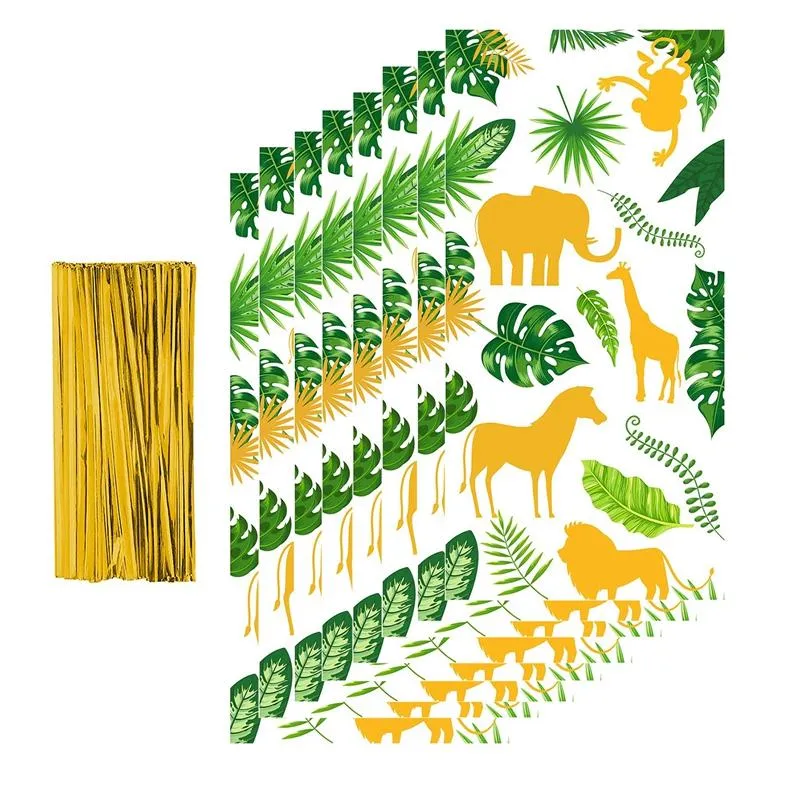 Articoli novità 240Pcs Green Gold Jungle Animal Palm Leaves Plastic Candy Goodie Bags con lacci per baby shower Festa di compleanno