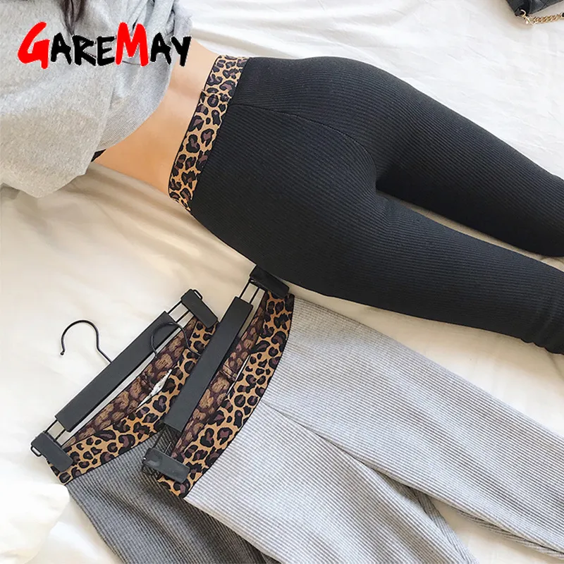 Sonbahar Tayt Kadın Leopar Bel İplik Dikey Pantolon Giyim Pamuk Yüksek Dokuz Pantolon Leggins Mujer 210428