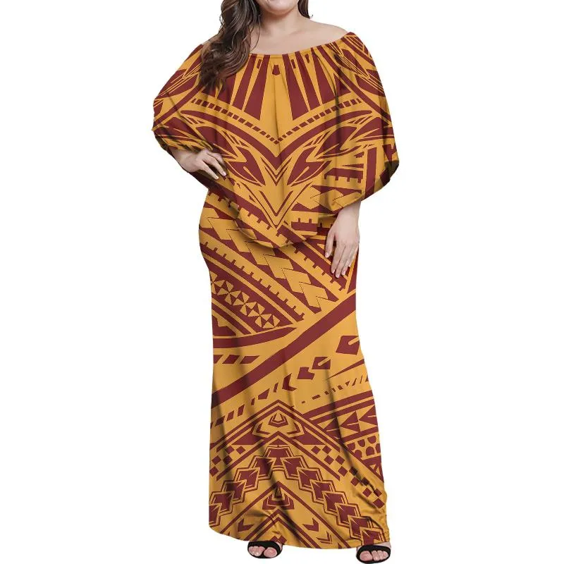 Abiti casual HYCOOL Polinesiano 2021 Abito autunnale Donna Taglie forti Elegante stampa tribale Hawaii senza maniche Colletto slash Vintage Party Maxi Robe