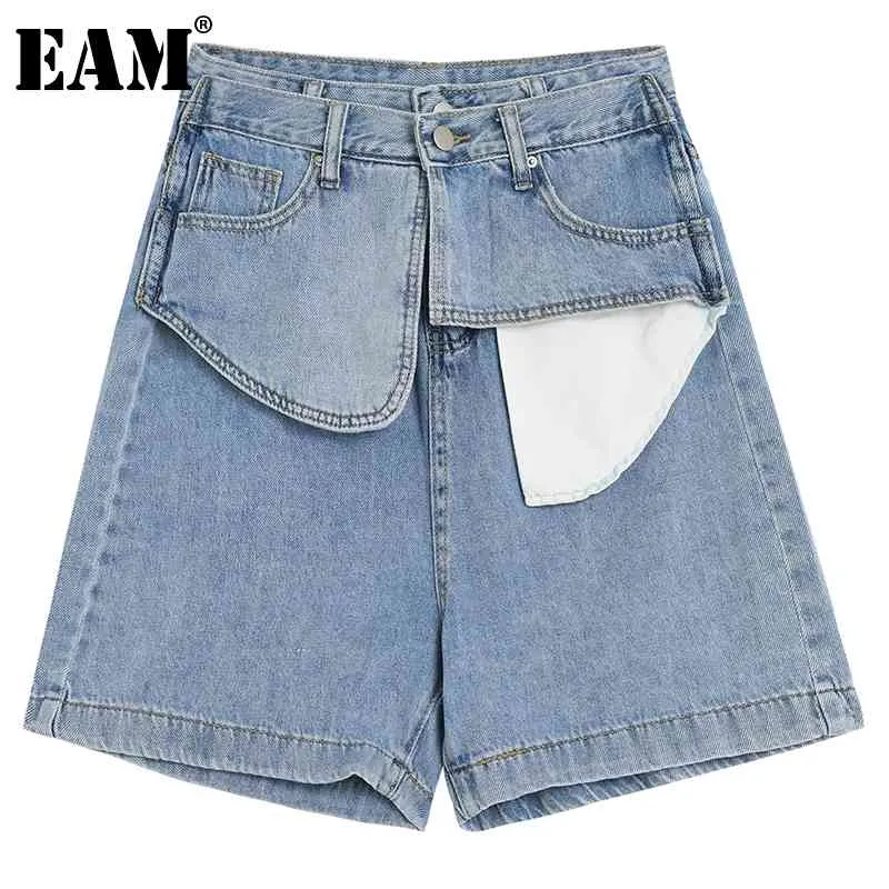 [EAM]女性ブルー非対称ポケットワイドレッグデニムショーツハイウエストルーズズボンファッションスプリングサマー1DD8503 210512