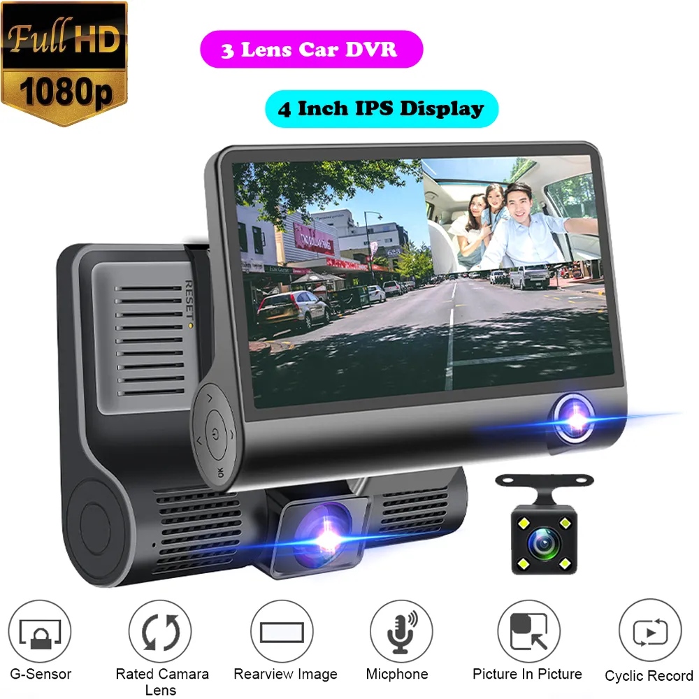1080P HD voiture DVR 3 caméras 4.0 pouces caméra de tableau de bord double objectif suppor enregistreur vidéo de recul enregistreur automatique Dvrs