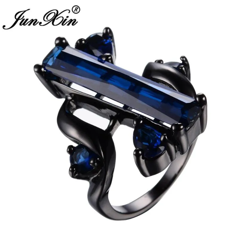 Anneaux de mariage JUNXIN Bleu Bijoux Zircon Pierre pour Femmes Hommes Noir Or Rempli Bague De Fête Cadeau D'anniversaire