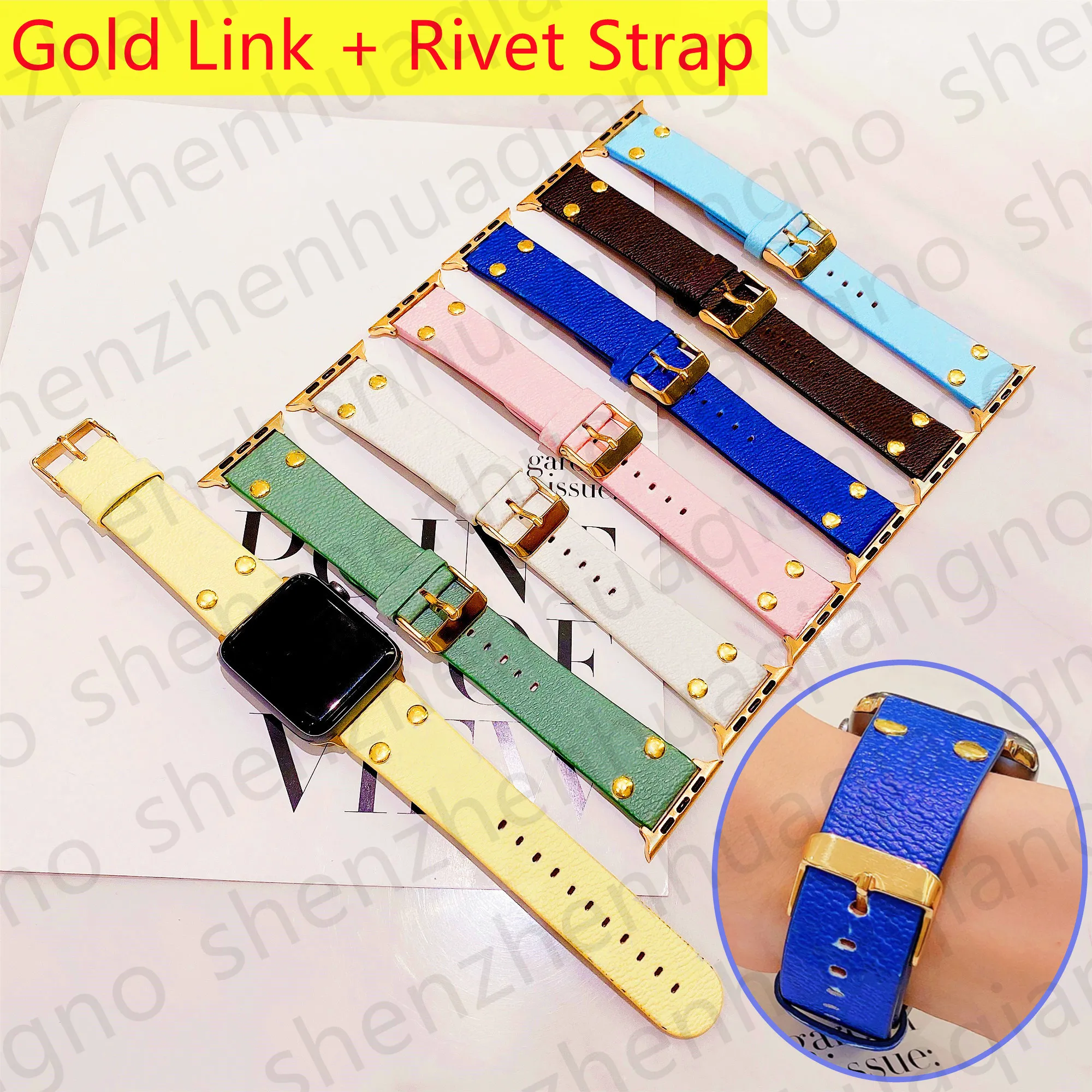 Cinturini intelligenti per Apple Watch Band 7 6 4 Serie 3 iWatch 41mm 45mm 42mm 38mm Strap Links Fashion Designer Rivetto in oro Fiore Polsino Cinturino in pelle di lusso Cinturini per orologi