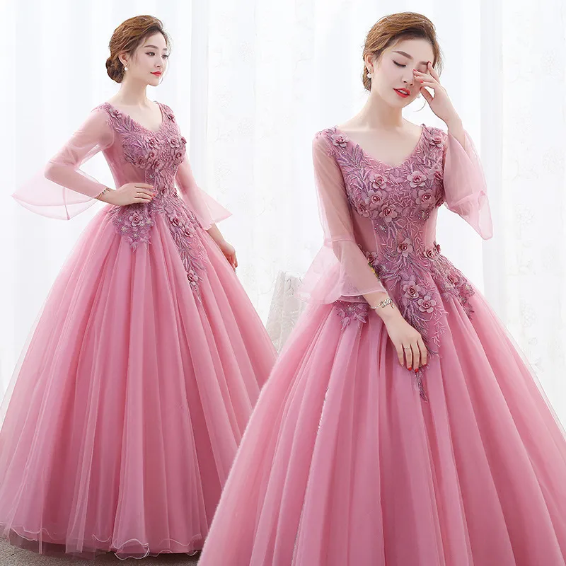 Quinceanera Dresses 2021 Beaded Party Prom Formal Three Quarter Sleeve V-neck Ball Gown Vintage Vestidos De 15 Anos QC1378