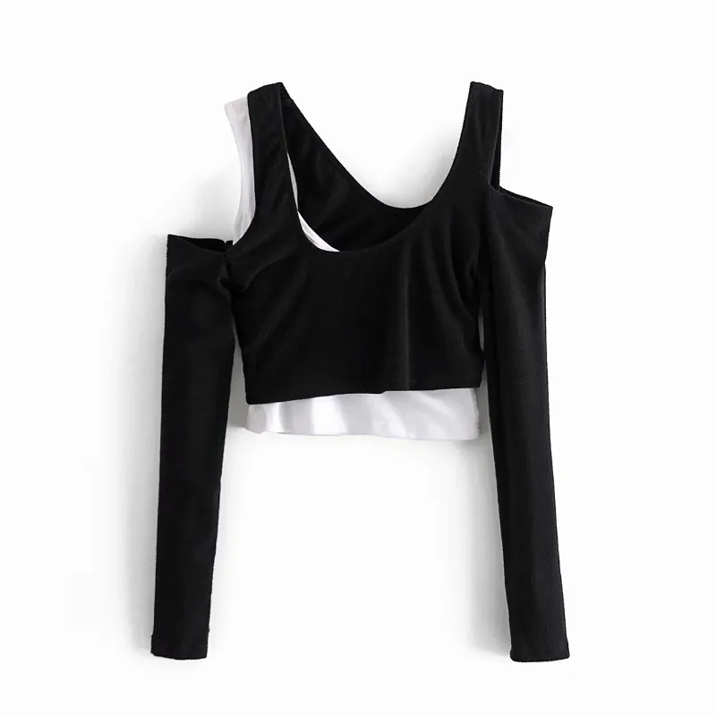 Kobiety Asymetryczne dziewiarskie Krótkie T Shirt Dwa Kawałki Zestaw Dorywczo Femme Z Długim Rękawem Crop Tops T1386 ​​210430