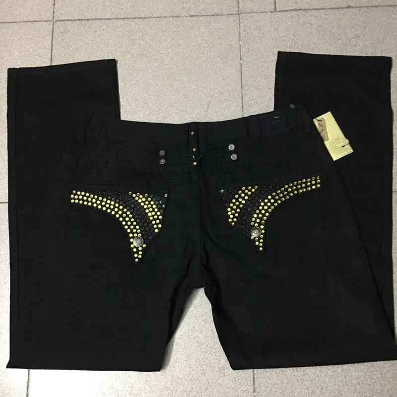 Mens Robin Jeans Black과 은색 크리스탈 스터드 데님 바지 디자이너 바지 날개 클립 지퍼 자수 스트레이트 피트 크기 30-4290i