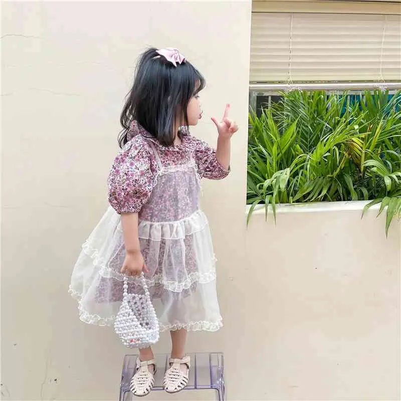 Arrivée d'été filles mode Floral 2 pièces ensembles robe + voile enfants vêtements pour 210528