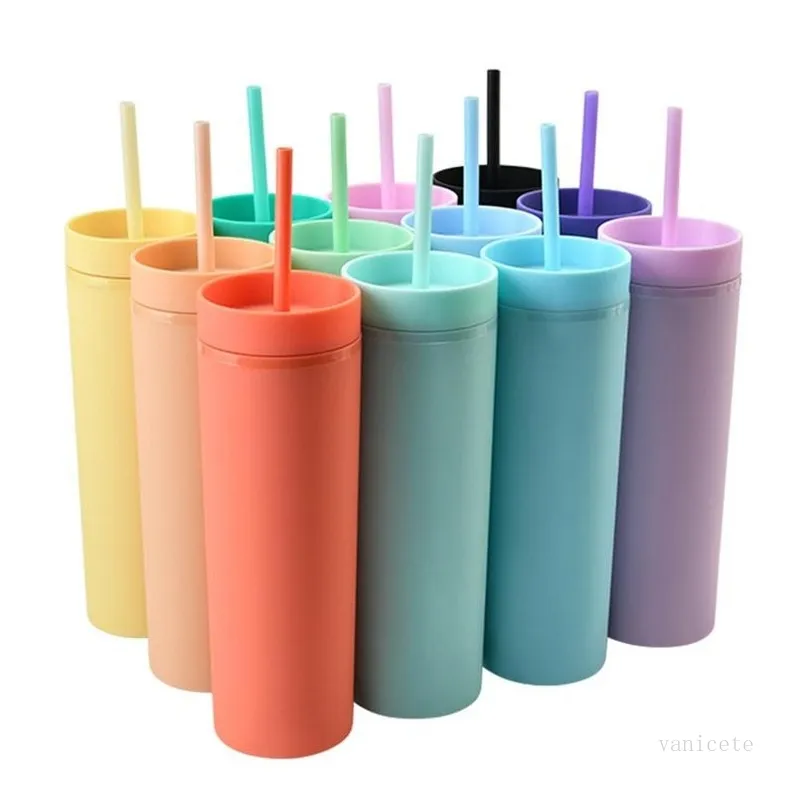 16oz grote capaciteit Skinny Tumbler Dubbelwandige Plastic Frosted Water Cup Geïsoleerde Mok Straight Body Straw Cups Sea Sending T9i001198