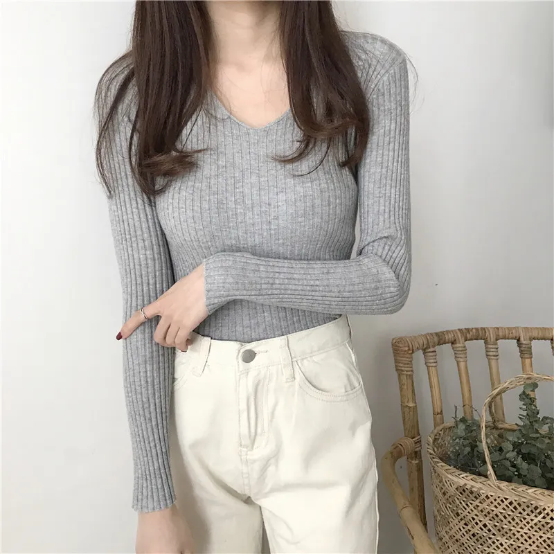 Basic V-neck Solid Autumn Winter Sweater Pullover Women Female Knitted Sweater Slim Long Sleeve Badycon Sweaters