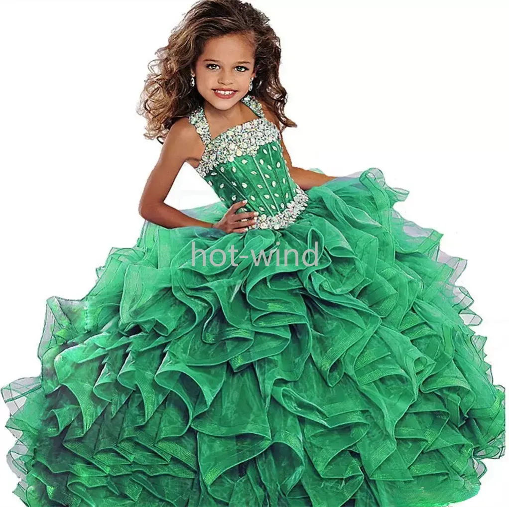 2022 Emerald Green Girls Pageant Dress Vestido Bola Vestido Longo Turquesa Organza Cristais Ruffled Flor Meninas Vestidos De Festa de Aniversário para Júnior EE0216