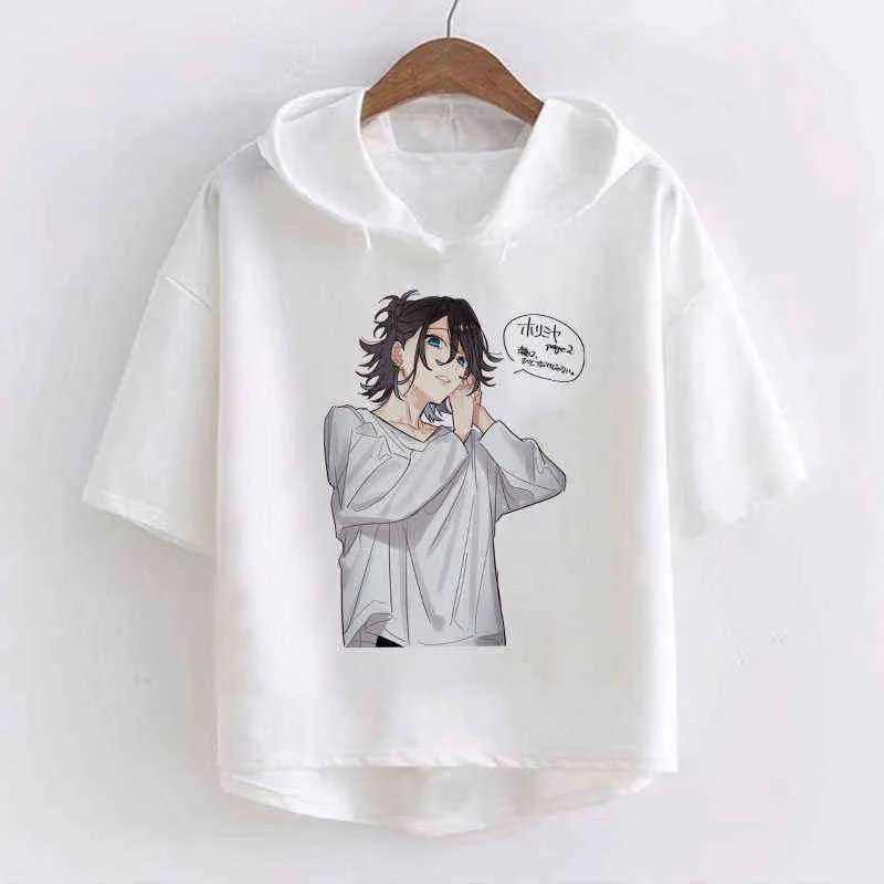 Été Streetwear japonais Horimiya Kun Anime graphique t-shirt femmes Kawaii décontracté t-shirt femme à manches courtes à capuche haut col en o G220228