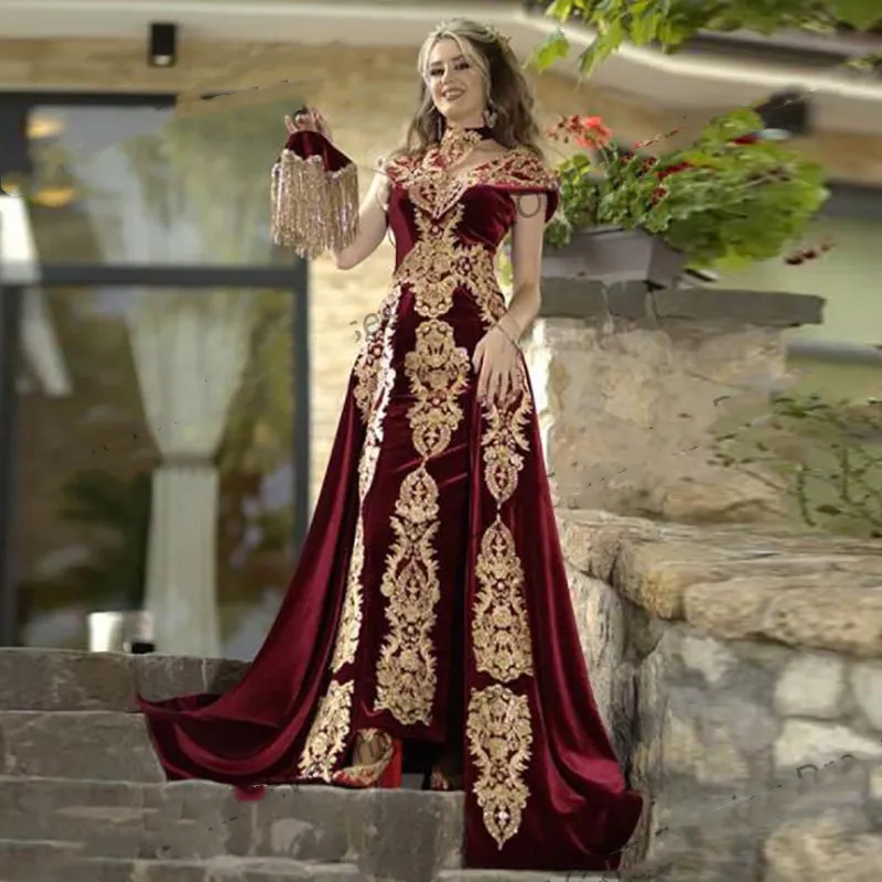 Elegante Arabische Dubai Bourgondië Sheath Formele Avondjurken met Afneembare Rok Applicaties Caftan Marocain Kaftan Velvet Dames Prom Party Jurken Celebrity Jurk