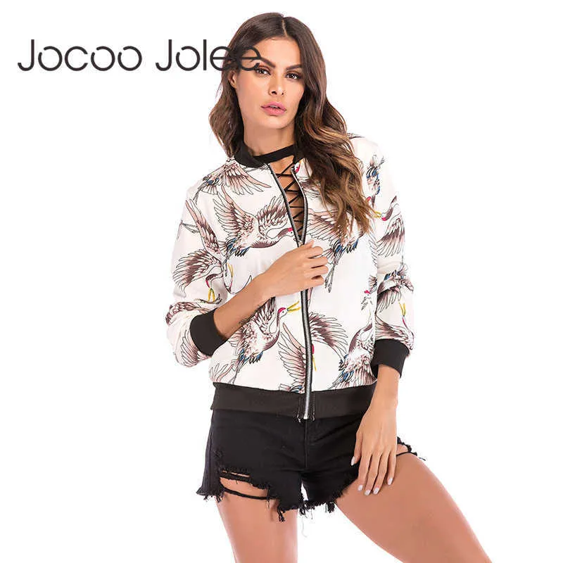 Jocoo Jolee Basic Jacka Women Long Sleeve Red-Crowned Cranes Print Coat Fashion Striped Bomber Jacket Casual Windbreaker 210619