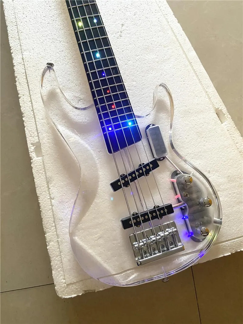 Édition personnalisée de haute qualité 5 cordes guitare basse électrique  cristal plexiglas corps acrylique LED lumières clignotantes