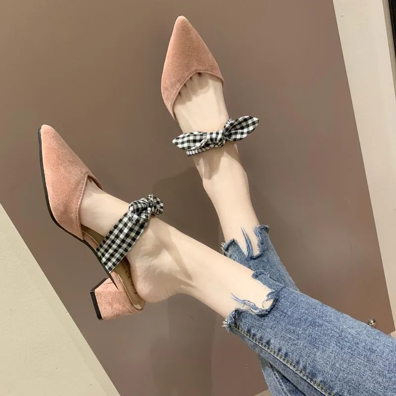 Slippers Lattices Bow-knot Flock Women Med Thick High Heels Slides Pointed Toe Ladies Mules Summer Shoes Sweet Female Pantufa