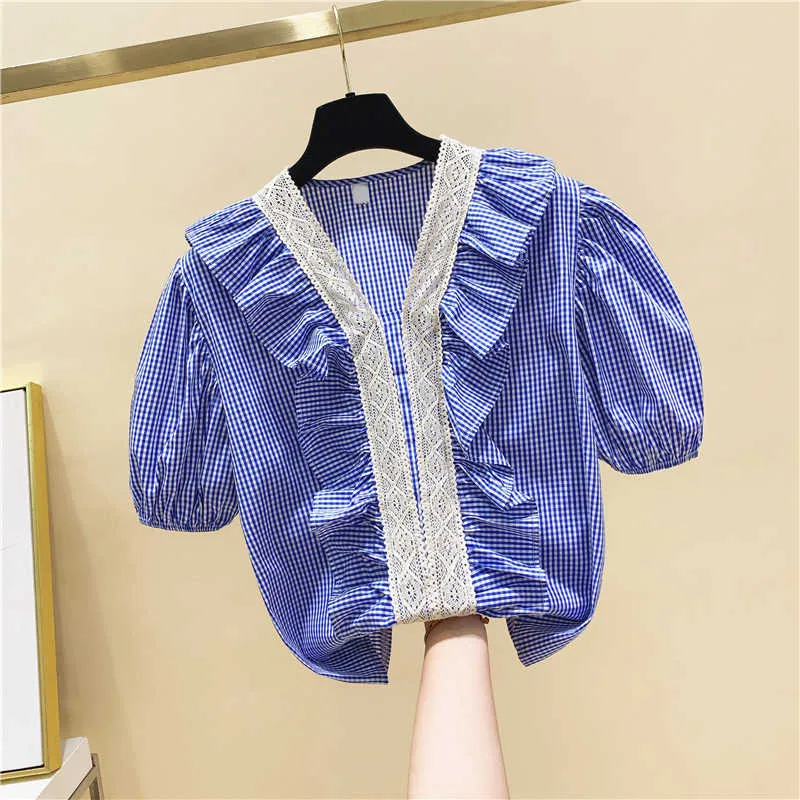 Fashion Lace Patchwork Puff Sleeve Short en V Vergs Summer Summer Femmes Tops 210615