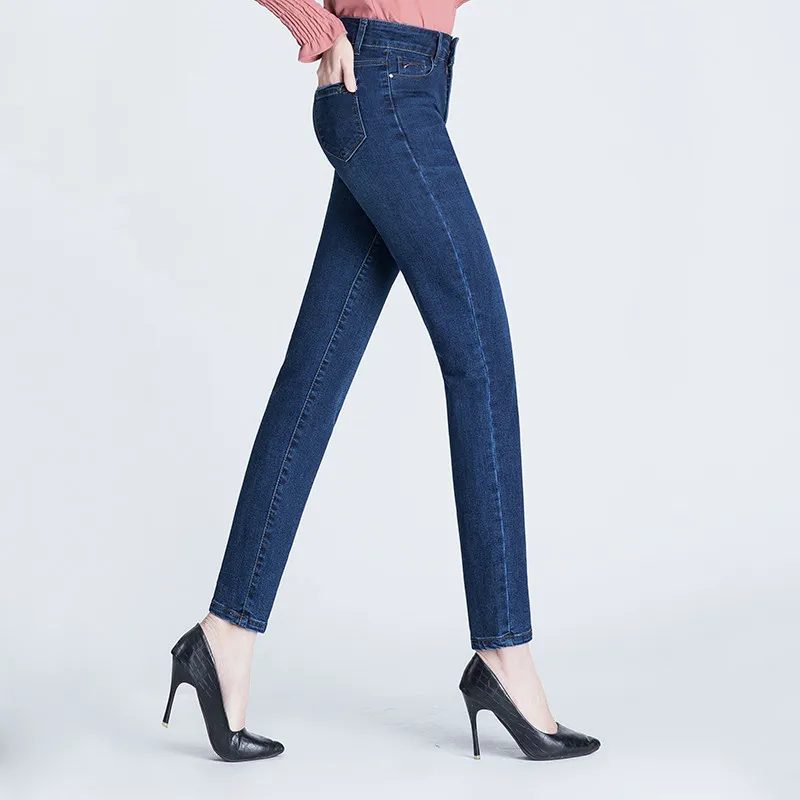 Kvinnors blå jeans stretch klassiker denim byxor kvinnliga höga midja byxor mamma mager damer casual för 210428