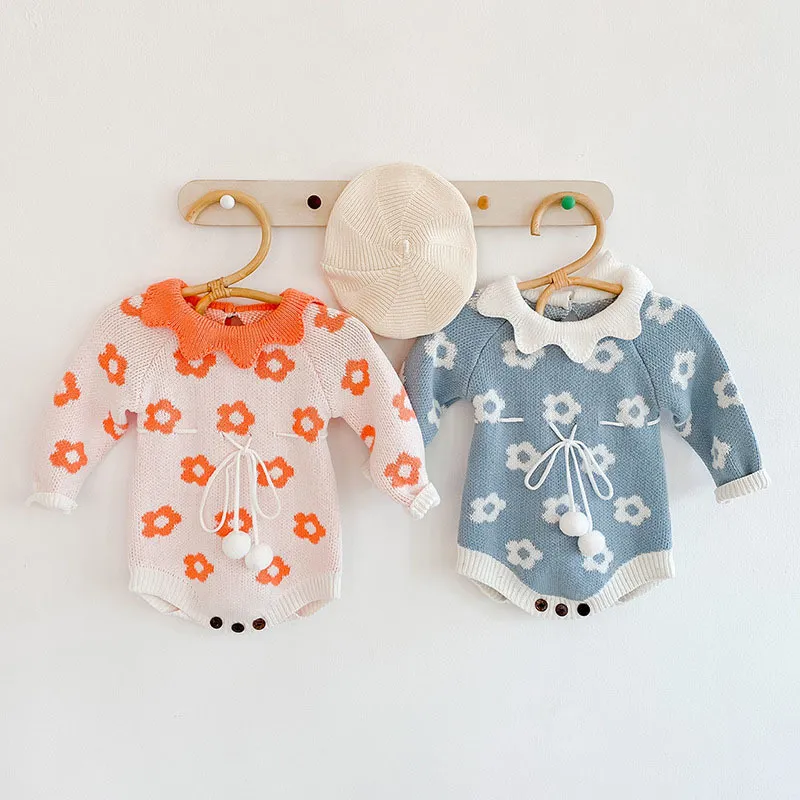 Infant Baby Girls Flower Printing Rompers Clothing Spring Autumn Kids Girl Long Sleeve Knit Clothes 210429