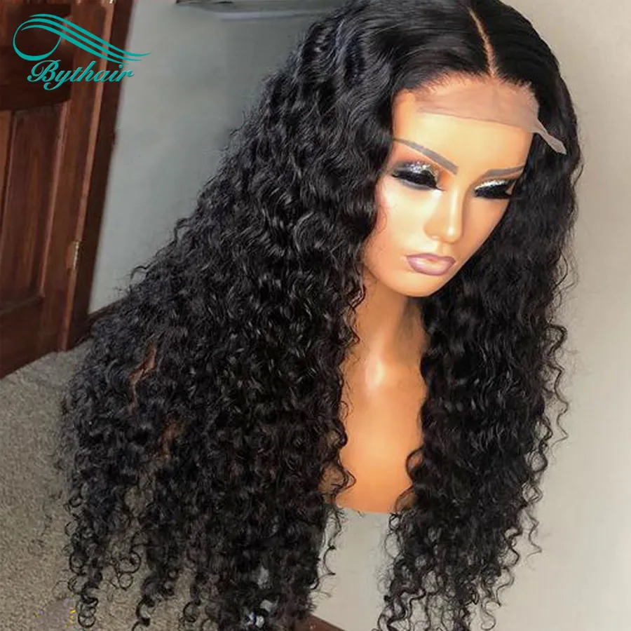 Bythair Curly Human Hair 13X6 HD Transparent Lace Front Wigs With Baby Hairs Pre Plucked Natural Hairline Black Color Deep Wave Bleached Knots