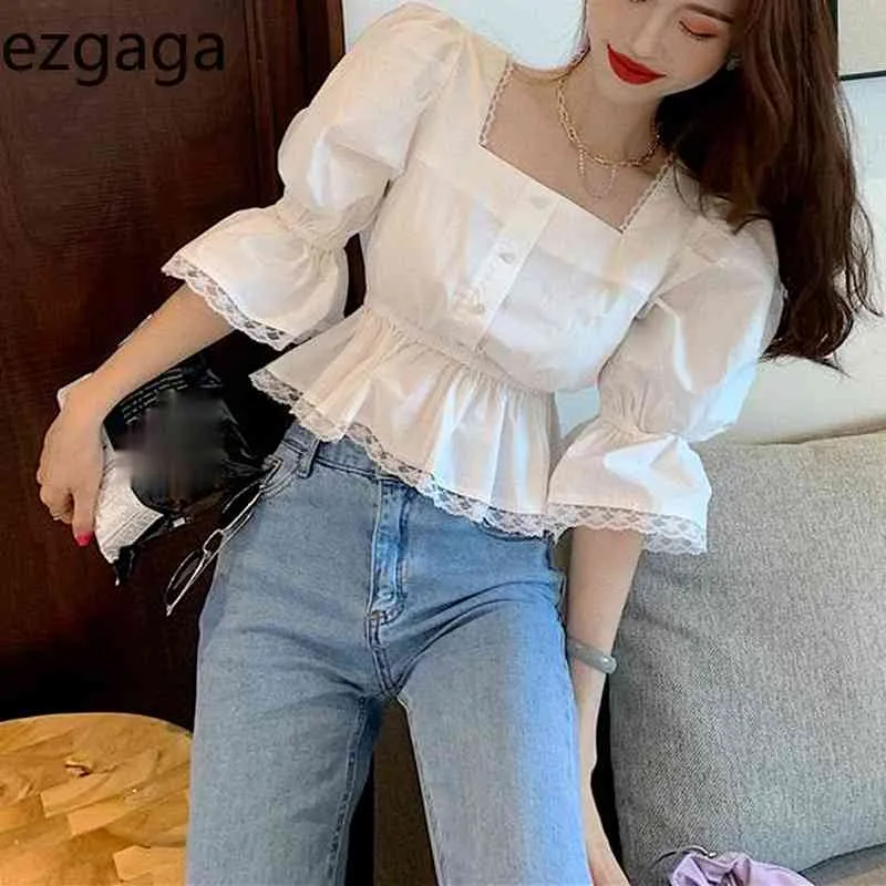 Ezgaga Blouse Shirts Women Square Collar Half Puff Sleeve Lace Patchwork Spring Button Solid All-Match Crop Tops Casual 210430